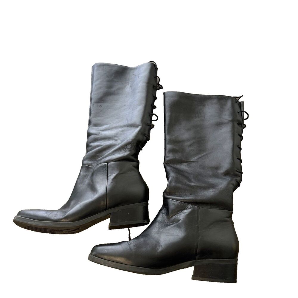 Markon Susanna Black Leather Tall Boots Low Block Heel Made in Brazil Size 8.5W